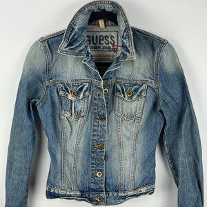 Guess Jean Jacket Short Size S Blue Long Sleeve Pockets Biker Cotton